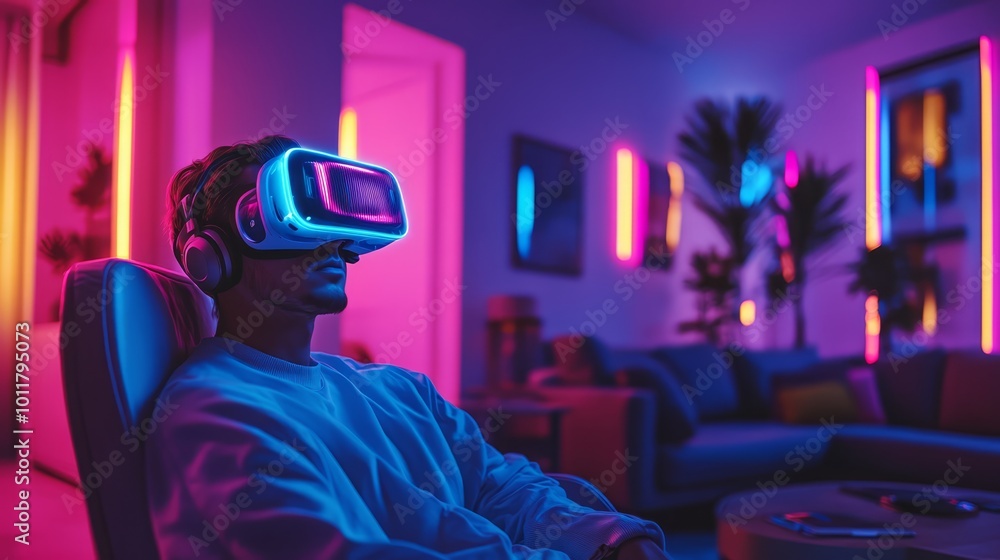 A person immersed in a vivid virtual reality game with colorful holographic visuals in a modern living room A person immersed in a vivid virtual reality game with colorful holographic visuals in a modern living room