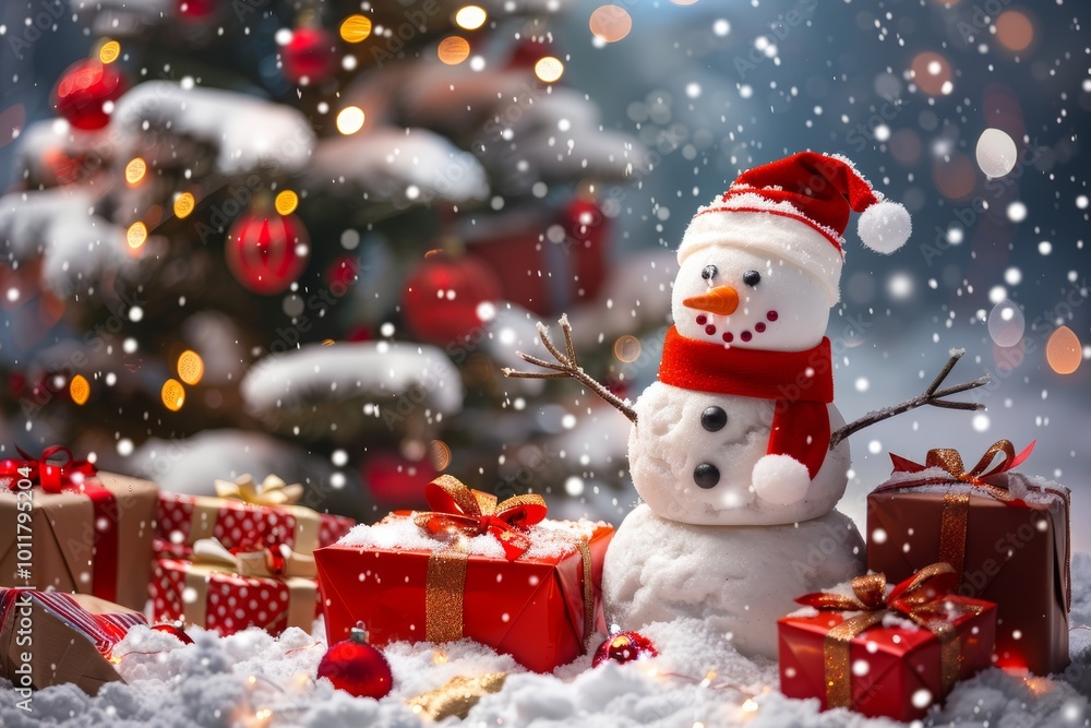 Festive snowman and gifts in winter wonderland Festive snowman and gifts in winter wonderland