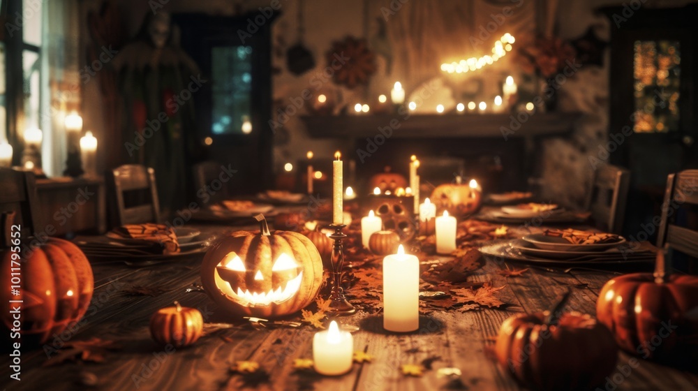 A table is set for a Halloween dinner with pumpkins, candles A table is set for a Halloween dinner with pumpkins, candles