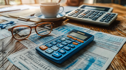 Calculators and ledgers on a wooden desk with a coffee cup and glasses in a busy office environment photo