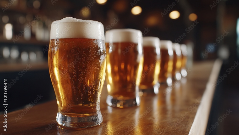 A row of frothy beer glasses on a wooden bar counter. A row of frothy beer glasses on a wooden bar counter.