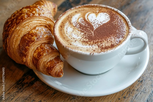 A creamy cappuccino with a perfect layer of foam served in a white cup, with a sprinkle of cocoa powder on top and a croissant on the side