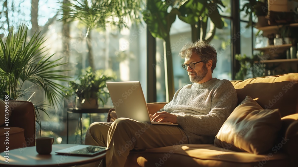 A remote worker enjoys a productive day from a cozy couch with large windows overlooking a sunny outdoor landscape A remote worker enjoys a productive day from a cozy couch with large windows overlooking a sunny outdoor landscape