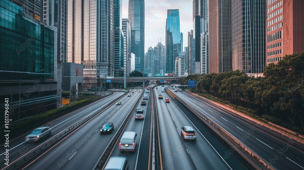 Fototapeta premium Busy Urban Highway with Skyscrapers in Background
