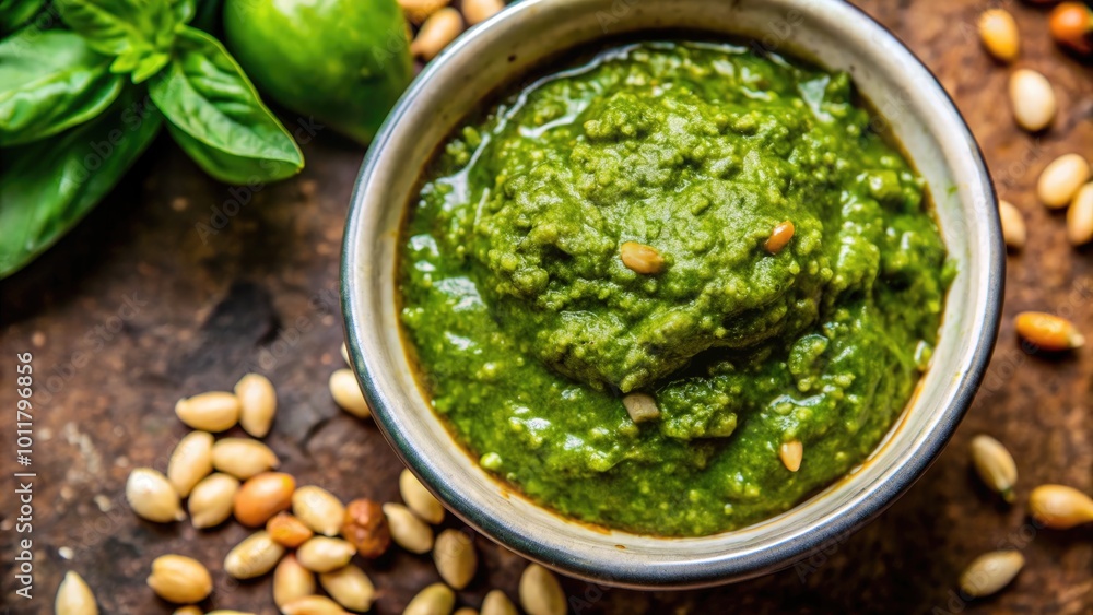 Fresh green pesto sauce in a bowl surrounded by pine nuts. Fresh green pesto sauce in a bowl surrounded by pine nuts.