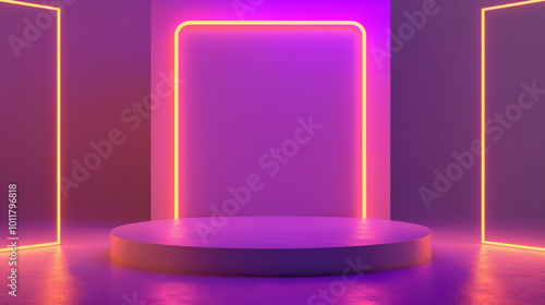 Modern stage design with vibrant purple and orange neon lights in a minimalist setting