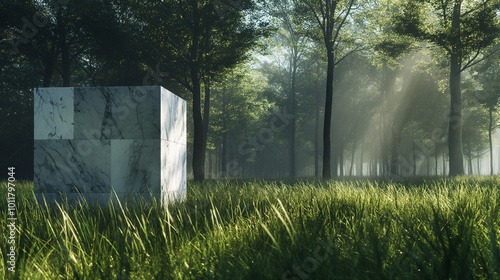 A marble cube stands amidst tall green grass in a sunlit forest clearing during the early morning hours, showcasing nature's tranquil beauty