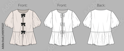 Vector short sleeved top with gathering details fashion CAD, woman cropped round neck blouse with bows technical drawing, template, mock up, sketch. Peplum blouse flat front, back view, white color