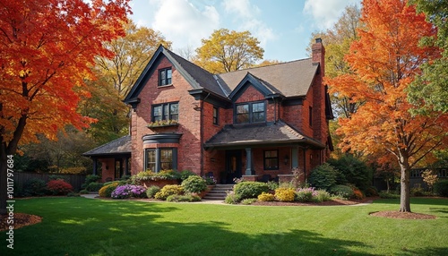 Beautiful Large Two-Story Brick House with Red Roof and Colorful Autumn Trees, Perfect for Real Estate and Home Design Projects