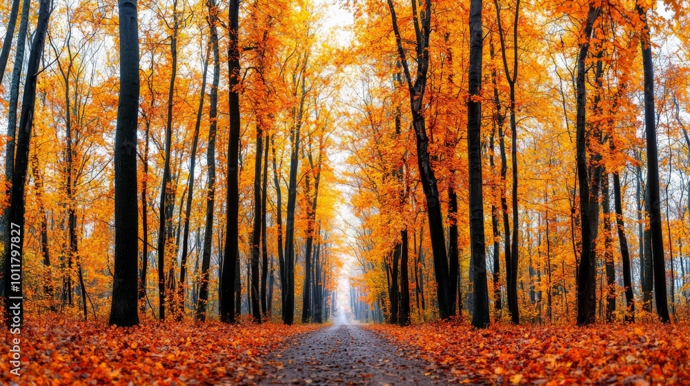 Obraz premium A crisp autumn morning in a forest, where the trees are covered in vibrant orange and yellow leaves, and the air is cool and refreshing