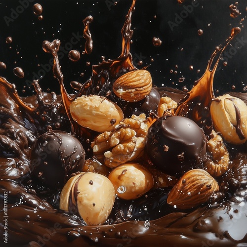 A rich splash of chocolate with mixed nuts and truffles, creating a visually enticing scene that celebrates indulgence and flavor. photo