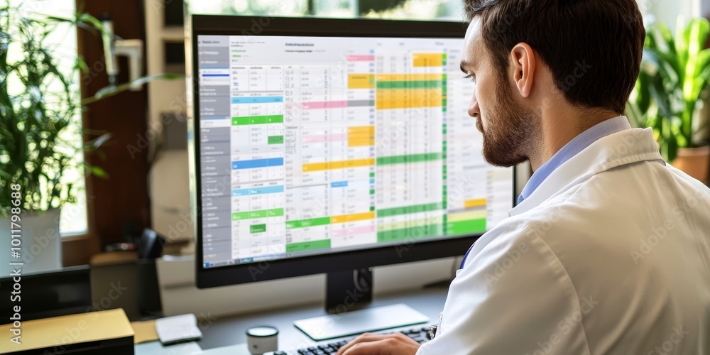 Scheduling Appointments: Create an image of a receptionist inputting patient information into a scheduling system on a computer, emphasizing efficiency in managing appoin Scheduling Appointments: Create an image of a receptionist inputting patient information into a scheduling system on a computer, emphasizing efficiency in managing appoin