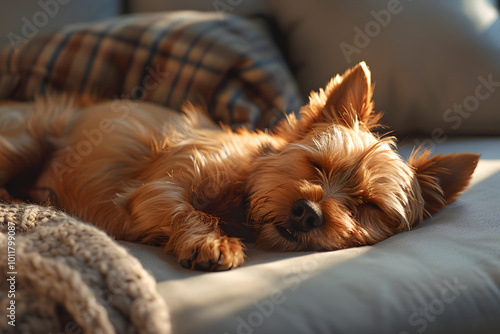 Norwich Terrier dog sleeping in a cozy spot at home photo