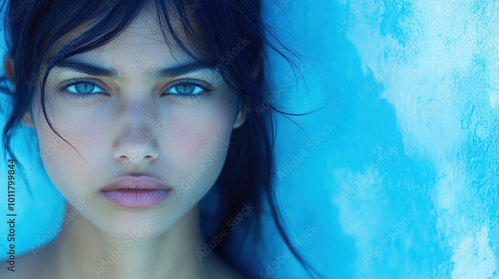 Portrait of a woman looking seriously at the camera against a blue background Portrait of a woman looking seriously at the camera against a blue background