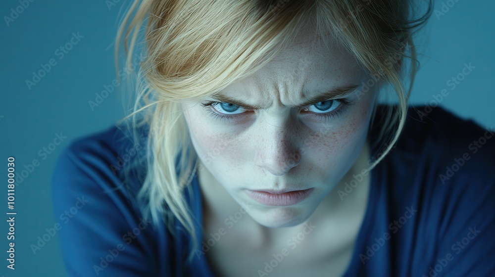 Close-up portrait of a woman with intense gaze and furrowed brows in blue lighting Close-up portrait of a woman with intense gaze and furrowed brows in blue lighting