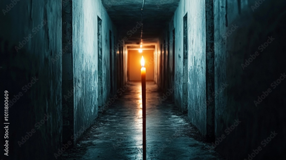 A dark hallway illuminated only by a flickering candle, representing the uncertainty and inevitability of death A dark hallway illuminated only by a flickering candle, representing the uncertainty and inevitability of death