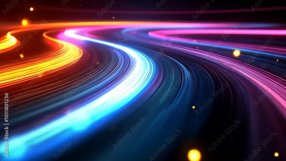 Colorful neon light trails curving in darkness Colorful neon light trails curving in darkness