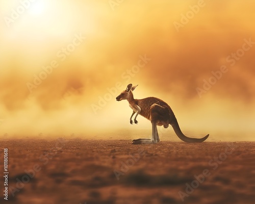 Kangaroo Hopping Through Barren Outback Landscape Under Glaring Sun photo