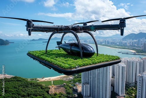 A floating farm above a futuristic city, with crops growing in vertical gardens, symbolizing the sustainable agriculture practices of tomorrowâ€™s world