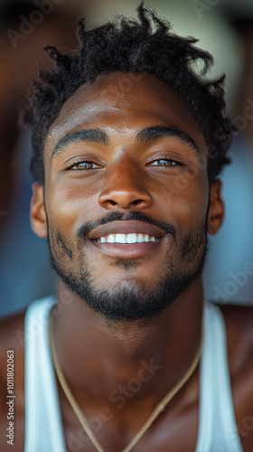 Smiling young man with curly hair, showcasing a joyful expression and vibrant personality in a close-up portrait.