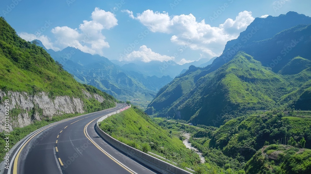 Scenic Curved Road Through Lush Green Mountains Scenic Curved Road Through Lush Green Mountains