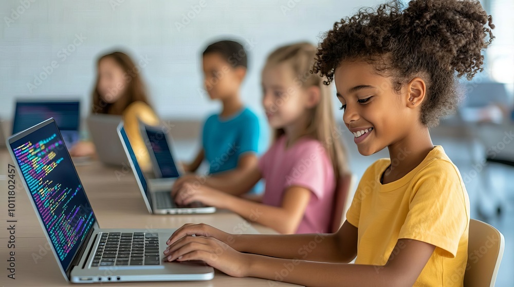 Coding Class for Beginners with young students focused on laptops Coding Class for Beginners with young students focused on laptops