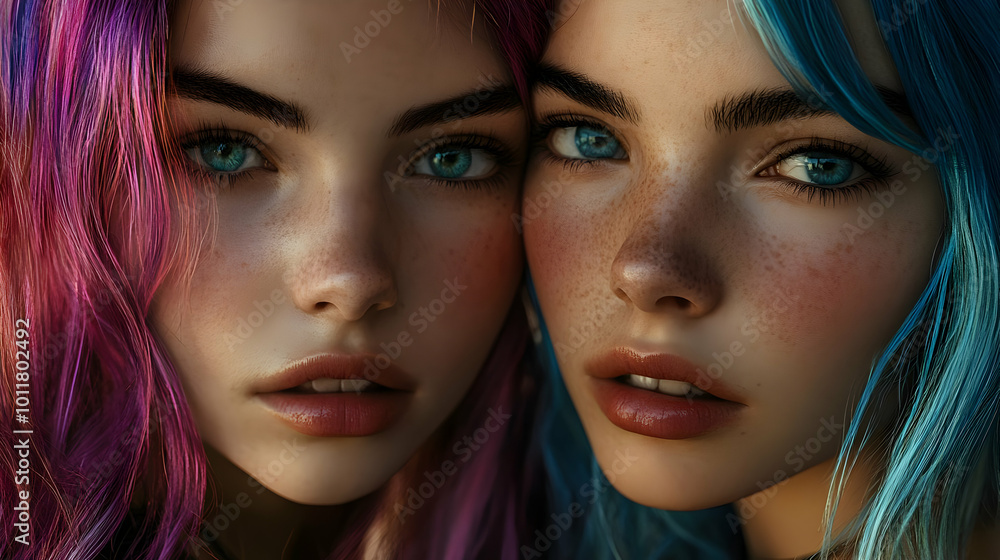 Closeup Portrait of Two Women with Blue Eyes and Colorful Hair - Illustration Closeup Portrait of Two Women with Blue Eyes and Colorful Hair - Illustration