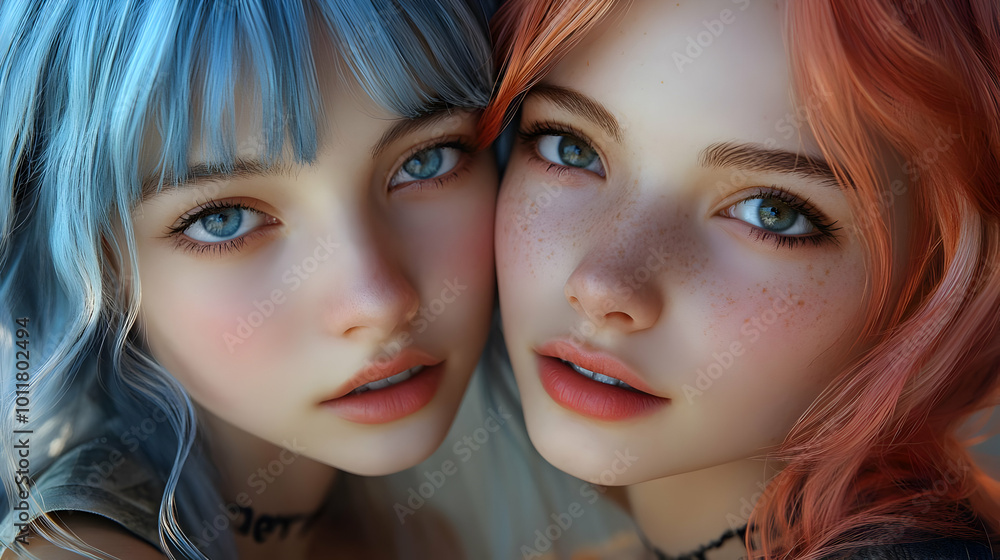 Close Up Portrait of Two Women with Blue and Red Hair, 3D Illustration Close Up Portrait of Two Women with Blue and Red Hair, 3D Illustration