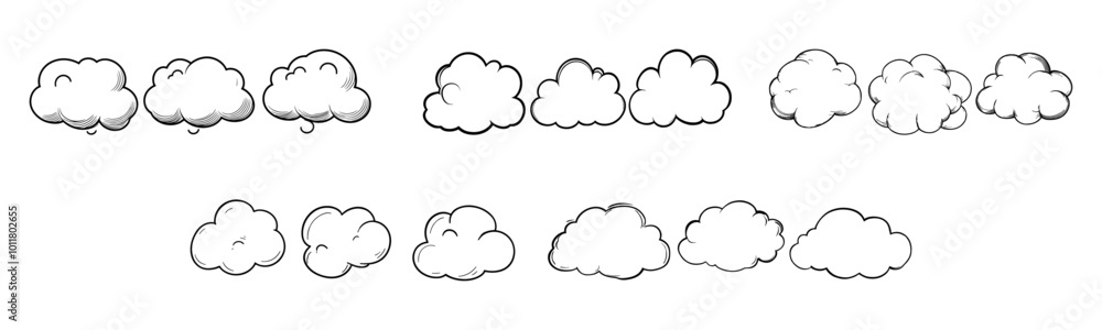 Clouds. Clouds collection in line design. Cloud vector icons, isolated. Cloud weather signs. Panorama view. Cloud in a row. Vector illustration
Clouds. Clouds collection in line design. Cloud vector icons, isolated. Cloud weather signs. Panorama view. Cloud in a row. Vector illustration