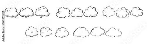 Clouds. Clouds collection in line design. Cloud vector icons, isolated. Cloud weather signs. Panorama view. Cloud in a row. Vector illustration
