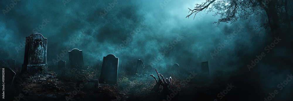 A dark, A dark graveyard at midnight, with crooked tombstones and fog creeping over the ground halloween theme design. copy space, A dark, A dark graveyard at midnight, with crooked tombstones and fog creeping over the ground halloween theme design. copy space,