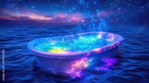 Futuristic cosmetology concept with luminous bathtub in a starry ocean setting