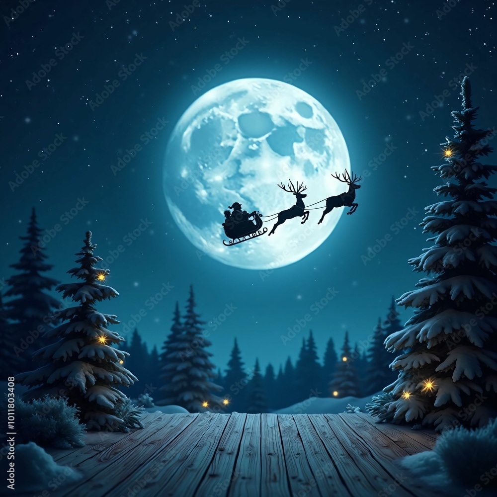 Fototapeta premium Santa Claus Sleigh Silhouette Flying Across Full Moon on Christmas Eve