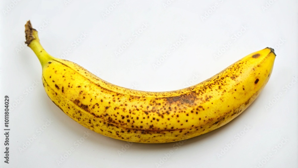 A single, ripe, yellow banana with brown spots, isolated on a white background. A single, ripe, yellow banana with brown spots, isolated on a white background.