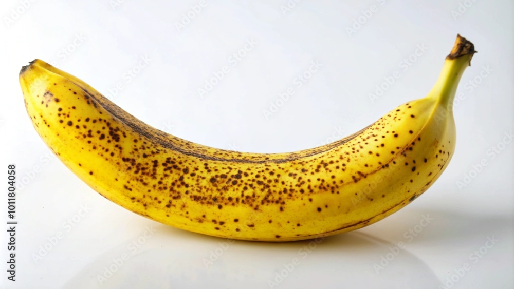 A ripe yellow banana with brown spots on a white background. A ripe yellow banana with brown spots on a white background.