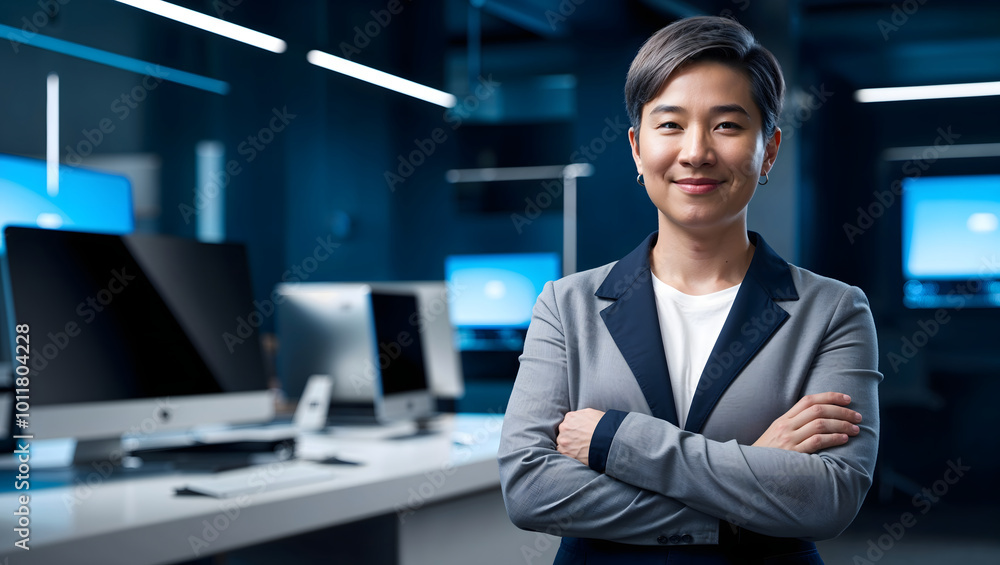 Professional non-binary individual confidently poses in a modern office with computers in the background. Business and lgbtqia concept Professional non-binary individual confidently poses in a modern office with computers in the background. Business and lgbtqia concept