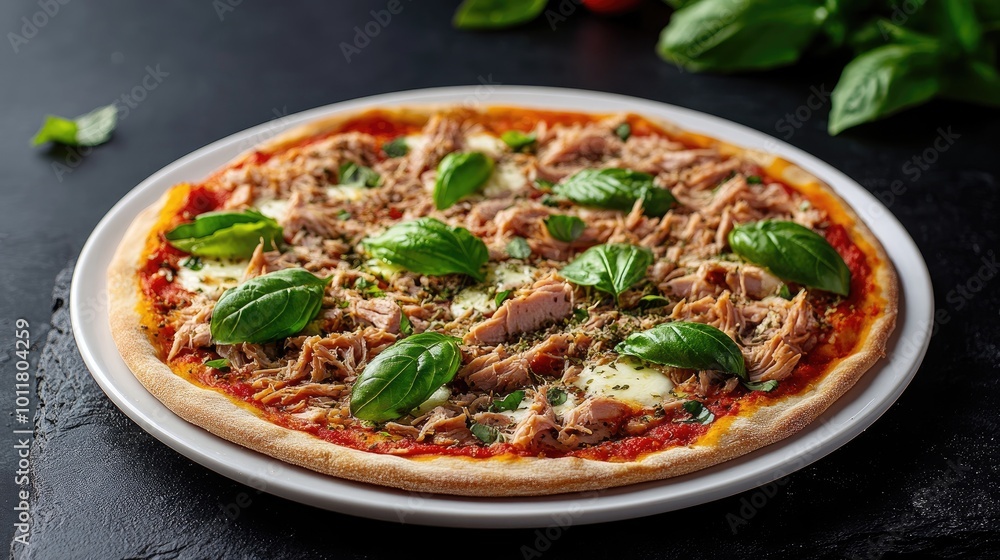 Gourmet tuna and mozzarella pizza on a white plate, placed on a black stone background with a minimalist arrangement of basil and herbs. Gourmet tuna and mozzarella pizza on a white plate, placed on a black stone background with a minimalist arrangement of basil and herbs.