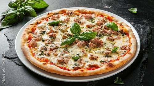 Gourmet tuna and mozzarella pizza on a white plate, placed on a black stone background with a minimalist arrangement of basil and herbs.