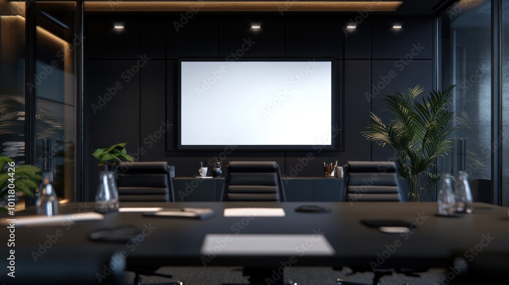 Modern conference room with a large screen, chairs, and plants for meetings. Modern conference room with a large screen, chairs, and plants for meetings.
