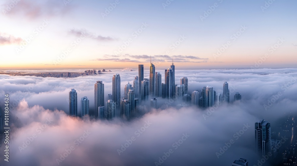 Fototapeta premium A dense layer of clouds hanging low over a city skyline, with only faint outlines of buildings visible through the mist