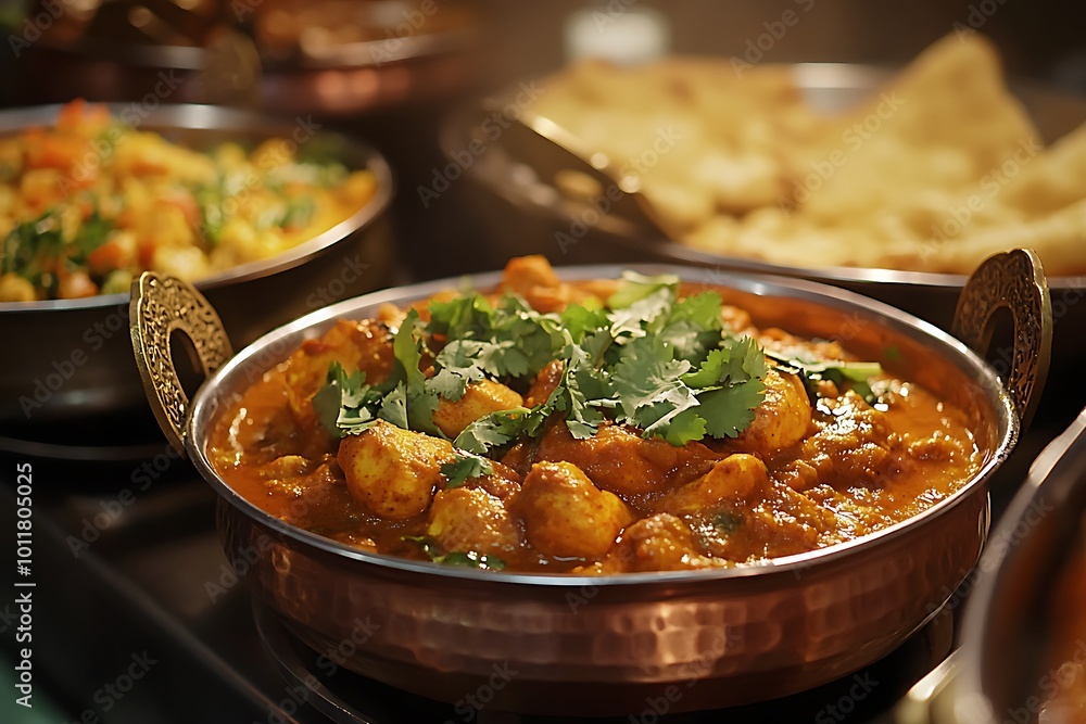 Indian curry served in a copper bowl garnished with cilantro Indian curry served in a copper bowl garnished with cilantro