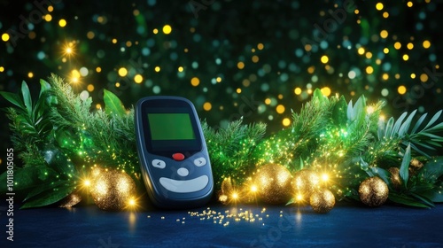 Festive world diabetes day concept with glucometer and holiday decorations - awareness and support