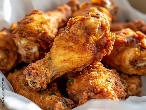 Crispy fried chicken drumsticks in a basket