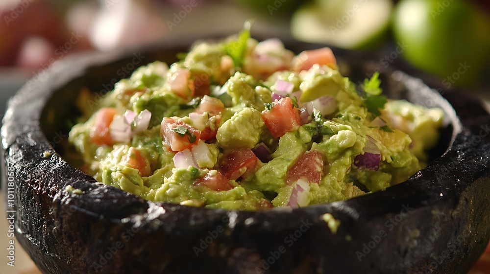 Fresh guacamole with diced tomatoes and onions in a bowl. Fresh guacamole with diced tomatoes and onions in a bowl.