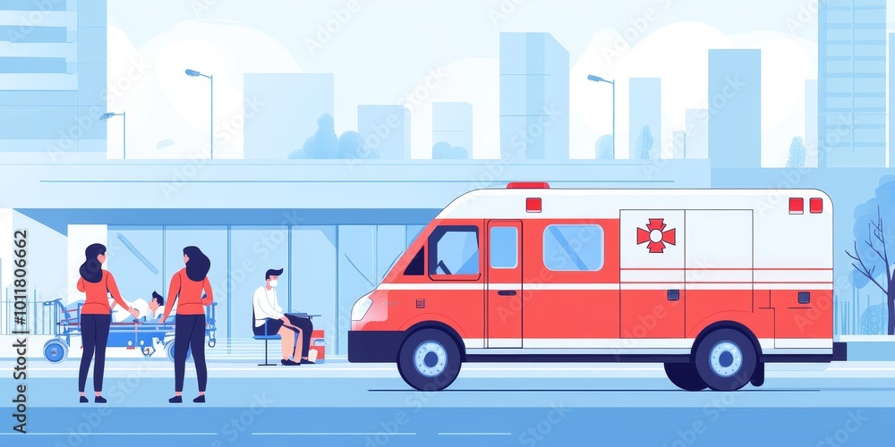 Ambulance Response: Depict an ambulance arriving at an emergency scene, with paramedics preparing to assist a patient, highlighting the critical role of emergency service Ambulance Response: Depict an ambulance arriving at an emergency scene, with paramedics preparing to assist a patient, highlighting the critical role of emergency service