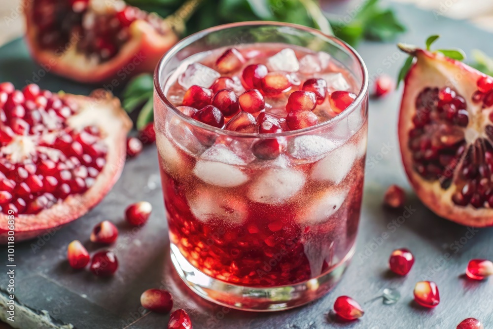 Refreshing pomegranate cocktail with ice and seeds. Refreshing pomegranate cocktail with ice and seeds.