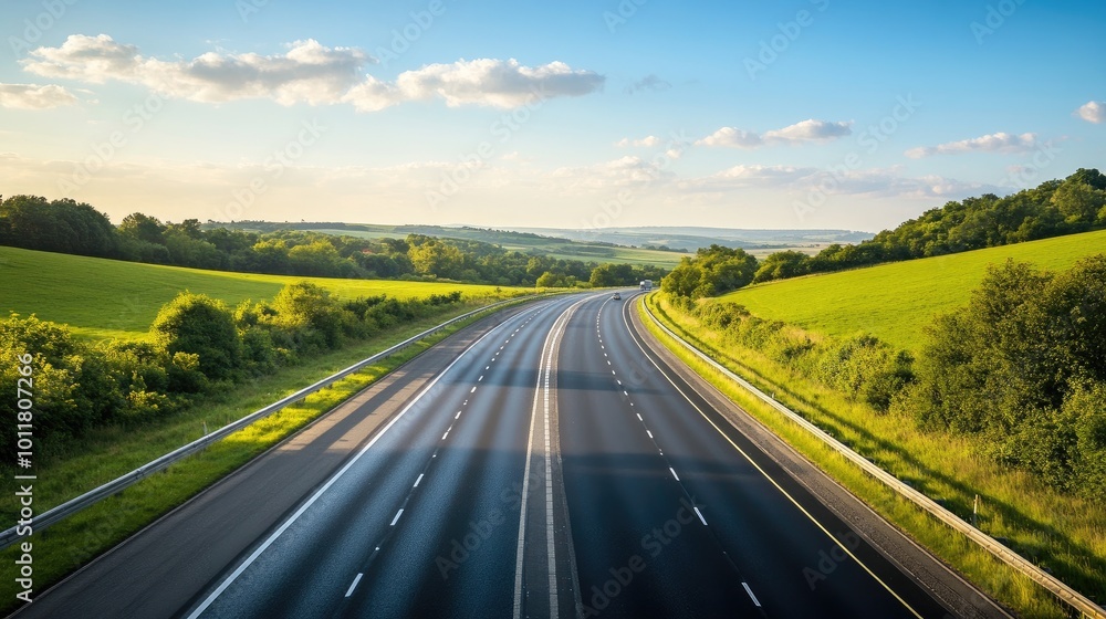 Obraz premium Scenic Highway Under Blue Sky with Green Fields