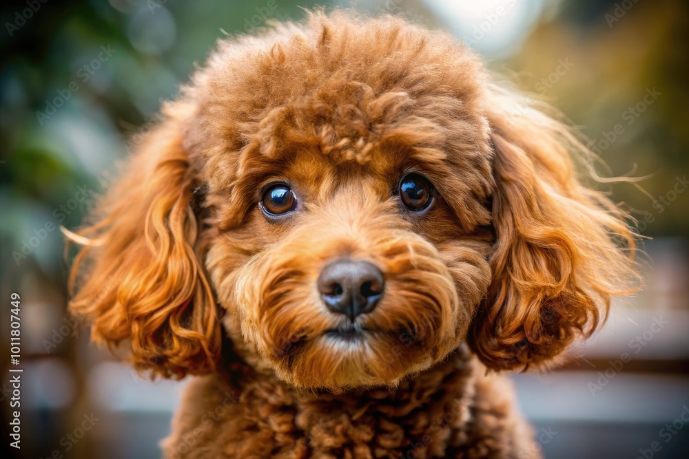 Adorable Brown Mini Poodle Sitting on Soft Blanket with Playful Expression and Fluffy Fur Coat Adorable Brown Mini Poodle Sitting on Soft Blanket with Playful Expression and Fluffy Fur Coat