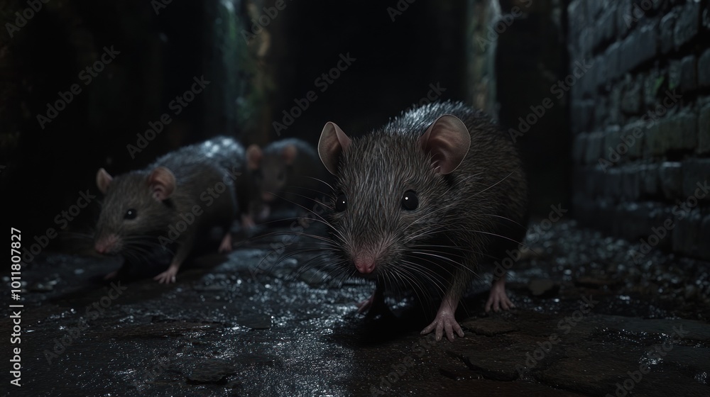 A close-up of several rats in a dark, damp alleyway, highlighting their features and environment. A close-up of several rats in a dark, damp alleyway, highlighting their features and environment.