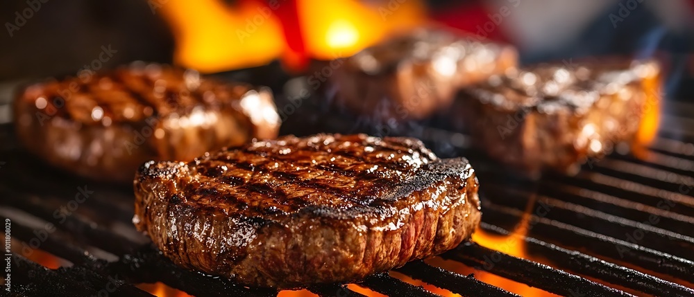 Delicious flame-grilled steak seared to perfection on a hot, smoky barbecue Delicious flame-grilled steak seared to perfection on a hot, smoky barbecue